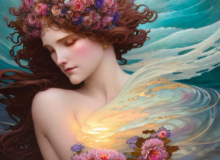 Prompt: strong back lighting, swirling ocean tide, seductive, portrait of the goddess of the flowers!!!, by artgerm, cushart krenz, greg rutkowski, mucha. art nouveau. gloomhaven, swirly vibrant ripples, gaudy colors, sharp edges. ultra clear detailed. 8 k. elegant, intricate, octane render