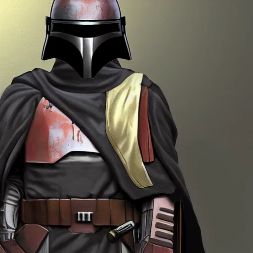 Image similar to a robed, hooded jedi knight wearing a mandalorian mask, concept art