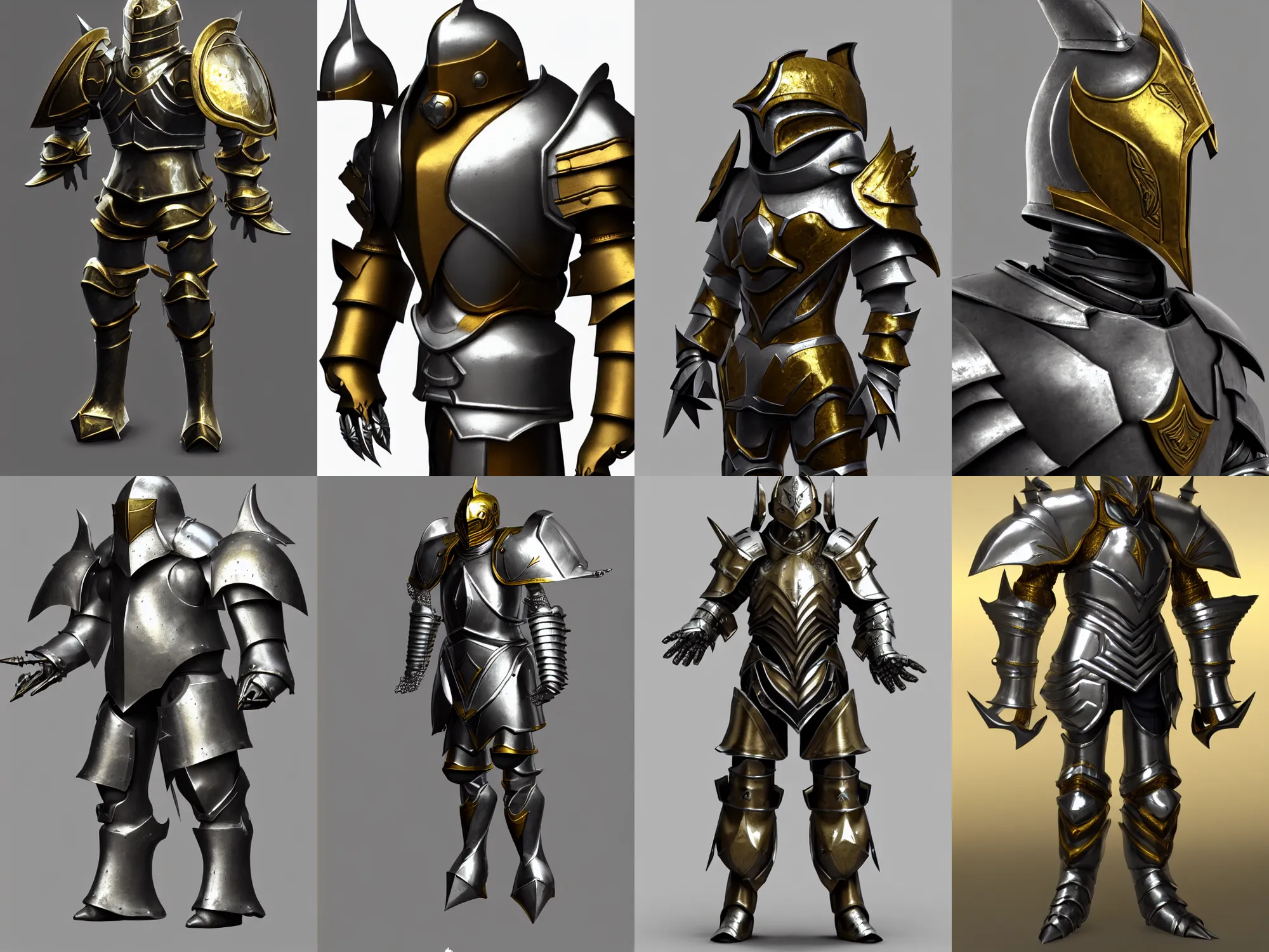 Prompt: render of boss armor, silver with gold trim, huge pauldrons, medieval fantasy, extremely clean, flat shading, exaggerated proportions, trending on Artstation, character concept art, HD Octane render, 8k