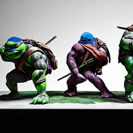 Image similar to teenage mutant ninja turtles as a sculpture by donatello, white marble, glossy, high details, cinematic