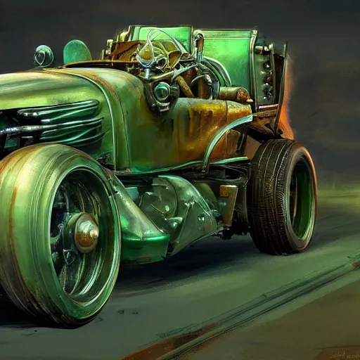 Prompt: Rusty transformer of a 1920 race car, autobots, transformer, soft green lighting, highly detailed, digital painting, artstation, concept art, smooth, sharp focus, illustration