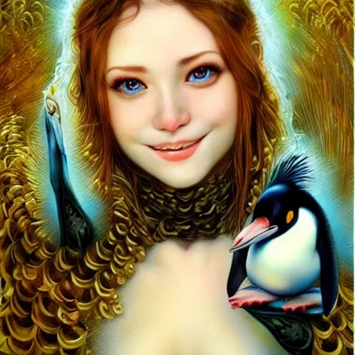 Image similar to a beautiful penguin manipulating water by karol bak, ayami kojima, artgerm, river, water, blue eyes, smile, concept art, fantasy