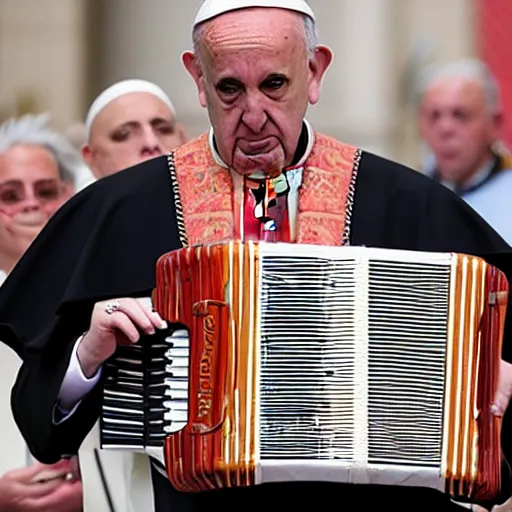 Image similar to realistic photograph of Luciana Littizzetto playing the accordion for Pope Francis, 2019, afternoon