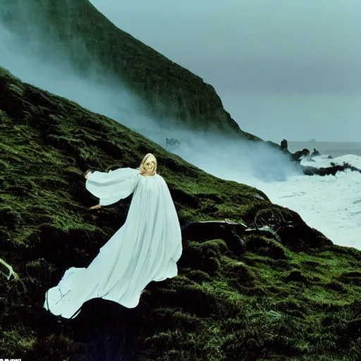 Prompt: 1 9 7 0's artistic spaghetti western movie in color, a woman in a giant billowy wide flowing waving dress made out of white smoke, standing inside a green mossy irish rocky scenic landscape, crashing waves and sea foam, volumetric lighting, backlit, moody, atmospheric