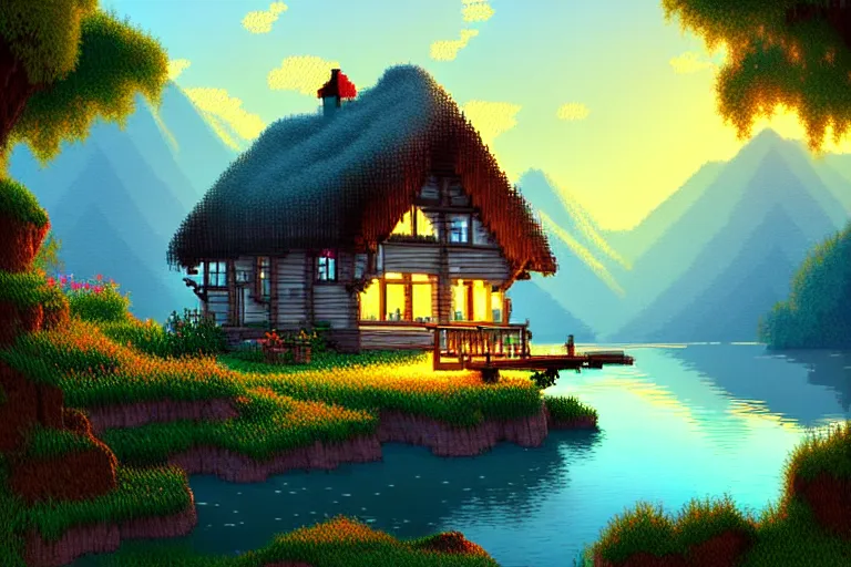 Image similar to view of a cottage above an azure lake, beautiful detailed pixelart by albertov and by wlop, intricate details, dithered gradients, beautiful, volumetric lighting, cgsociety, artstation