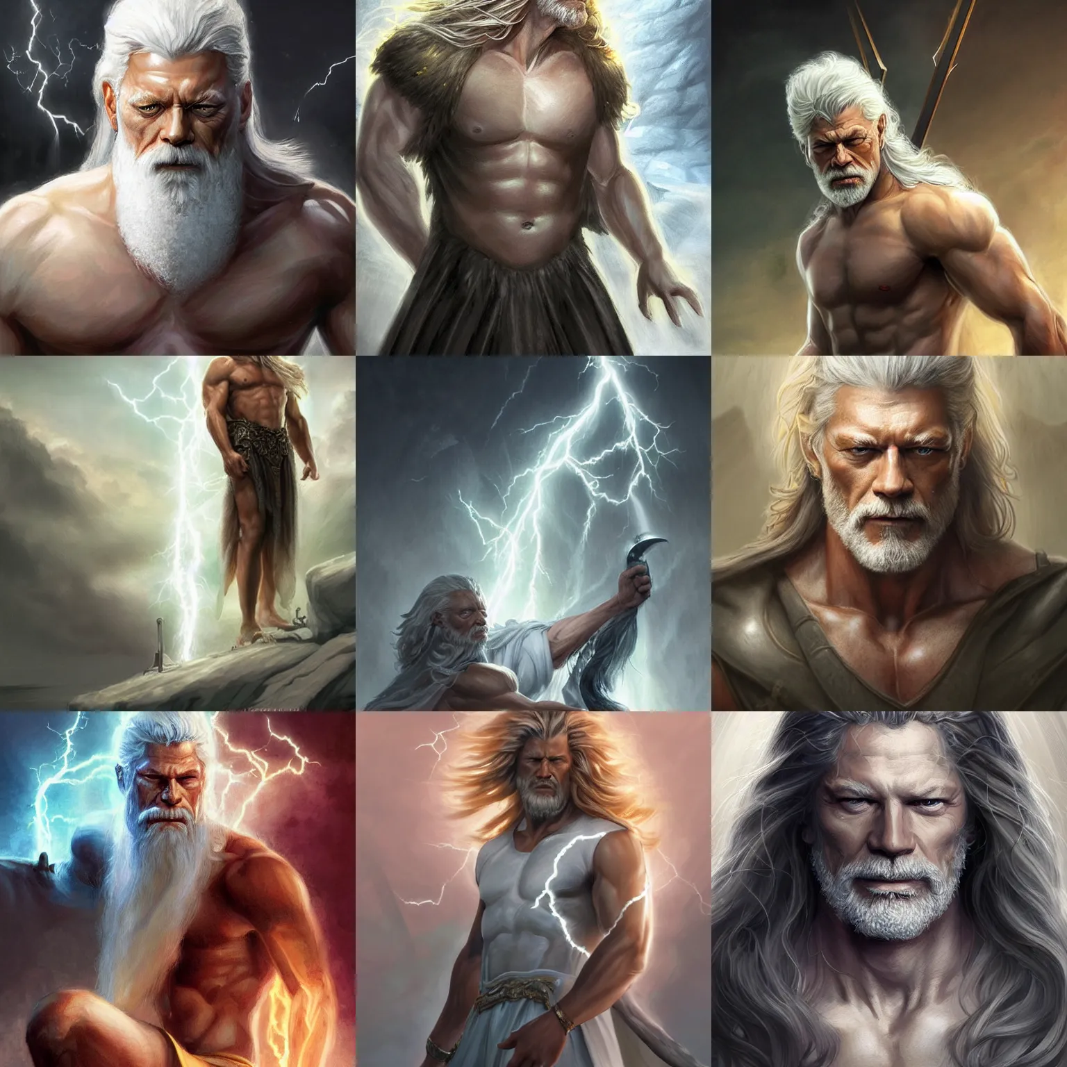 Prompt: zeus, stephen lang, long hair, white tunic, lightning, storm, D&D, fantasy, highly detailed, digital painting, trending on artstation, concept art, sharp focus, illustration, art by artgerm and greg rutkowski and magali villeneuve