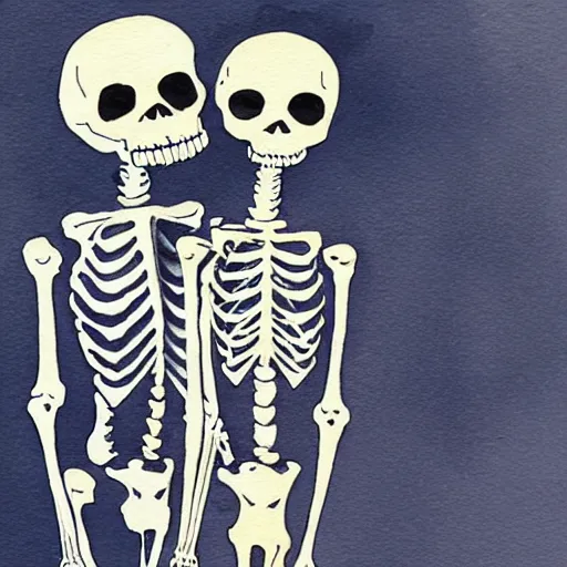 Prompt: skeleton couple staring at each other, trending, masterpiece, watercolor painting, - n 4
