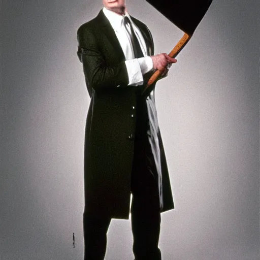 Image similar to Bald Patrick Bateman from American Psycho (2000) with an axe in his hands, at the office