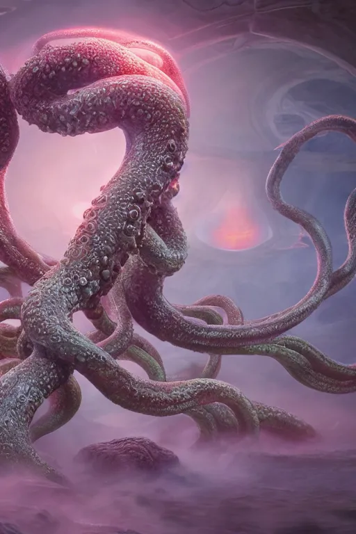 Image similar to giant ancient alien tentacles artwork by akira toriyama, pastel colors, detailed background, extremely detailed, octane rendering, sharp focus, volumetric light, particles, unreal engine 5, rtx