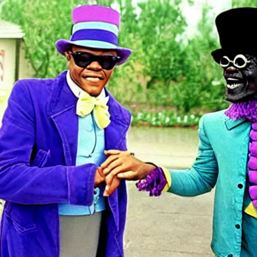 Image similar to Tom Hanks as Samuel L. Jackson dressed as Willy Wonka