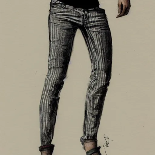 Image similar to professional pencil sketch of a full-body view of a stylish young adult man with short hair wearing a black face mask, a striped long-sleeved shirt, and ripped skinny jeans, high quality, HD, 8K, highly detailed, award-winning