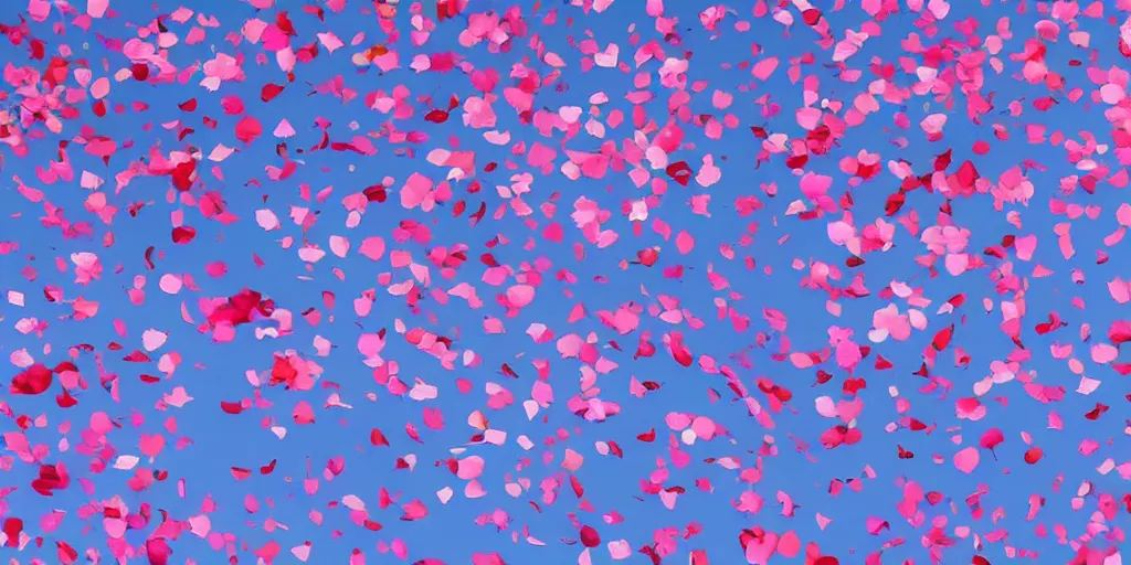 Image similar to background art of spaciously scattered flower petals flowing and floating through the blowing swirling directional wind from left to right on a simple cloudy blue sky background, large individual rose petals, angular background elements, polygonal fragments, anime, artgerm, manga, trending on artstation, art nouveau, mature color scheme