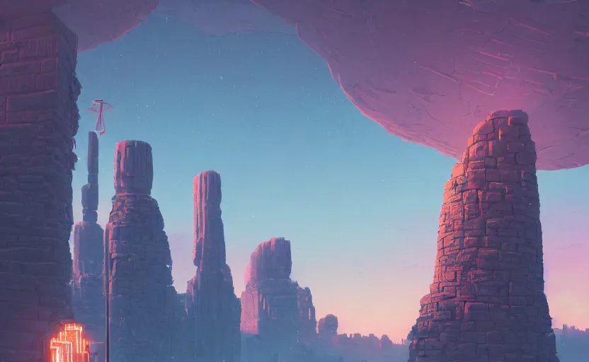 Image similar to A landscape with a giant stone brick tower with pillars on top at sunset, magical portal, cyberpunk, glowing runes, technology, Low level, rendered by Beeple, Makoto Shinkai, syd meade, simon stålenhag, environment concept, synthwave style, digital art, unreal engine, WLOP, trending on artstation, 4K UHD image, octane render,
