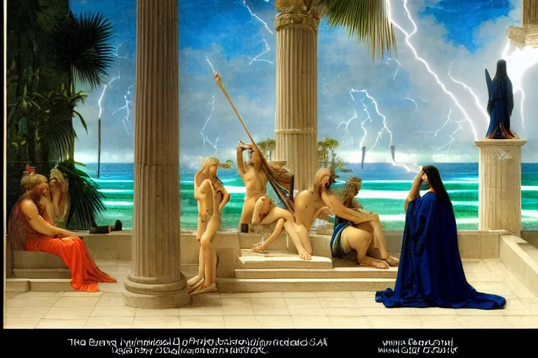 Image similar to The High Priestess on front of balustrade and palace columns, refracted lightnings on the ocean, thunderstorm, tarot cards characters, beach and Tropical vegetation on the background major arcana sky and occult symbols, by paul delaroche, hyperrealistic 4k uhd, award-winning, very detailed paradise