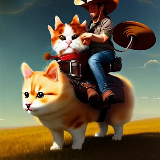 Image similar to fluffy cat in cowboy hat like a tiny girl riding on the back of a giant corgi by greg rutkowski