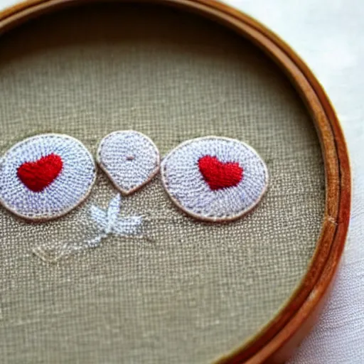 Image similar to a tiny beautiful handmade embroidery of two lovers kissing. hand embroidery.