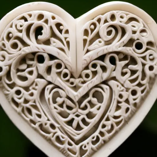 Image similar to intricate heart delicately carved into block of ivory, c anon 5 d 5 0 mm lens