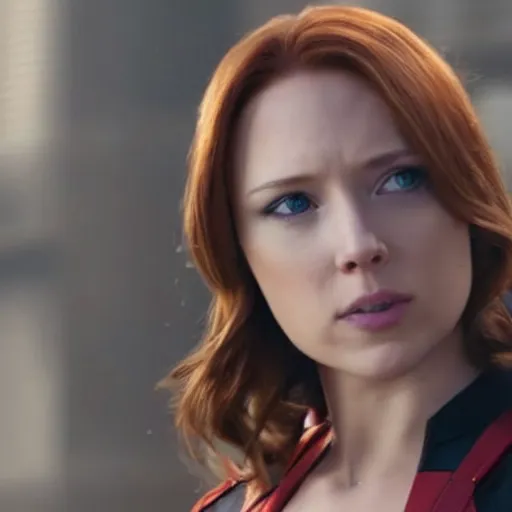Image similar to Elizabeth Olson as Black Widow Natasha Romanoff avengers screen cap still