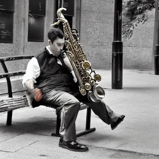 Image similar to A saxophonist played all night over the bag in the black arch. The drunkard was sleeping on a park bench, laying a newspaper sheet. Photo. Good quality.