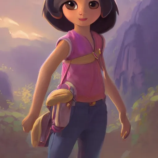 Image similar to A full-length portrait of a beautiful and elegant dora the explorer， full of details, matte painting, concept art, smooth, by Kittichai Rueangchaichan and wlop ，trending on cgsociety and artstation，8kHDR，light effect