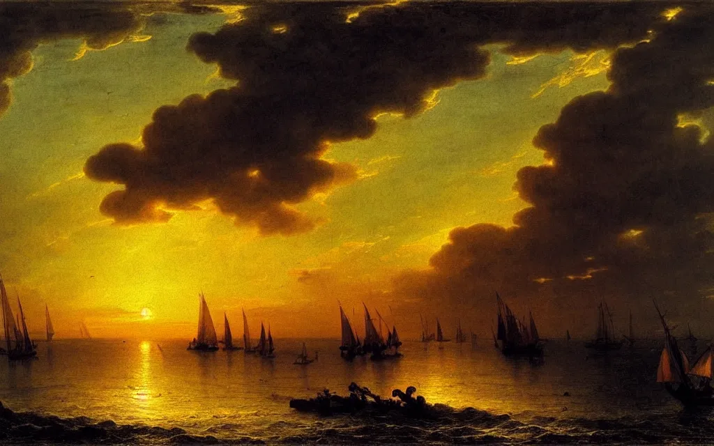 Image similar to a beautiful sunset view of a tropical seascape, magical, stunning, art by caspar david friedrich and asher brown durand and peder balke, intricate details, trending on artstationhq and wikiart