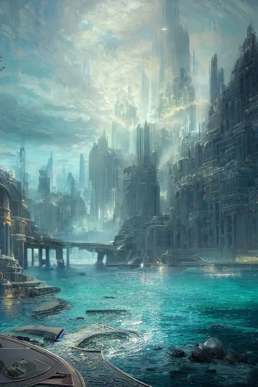 Image similar to magnificent view of the city of atlantis rising on the sea, intricate, elegant, volumetric lighting, digital painting, highly detailed, artstation, sharp focus, illustration, concept art, ruan jia, steve mccurry