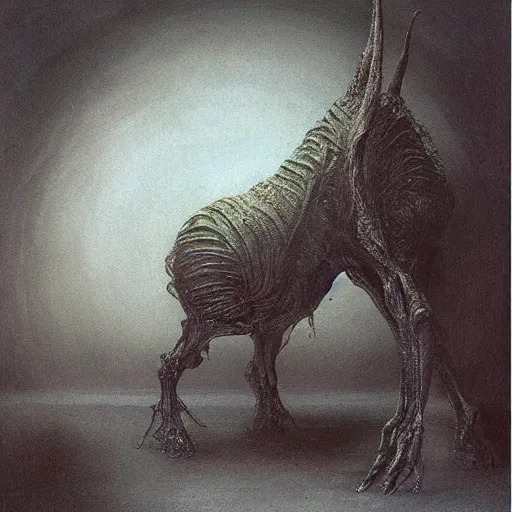 Image similar to an alien animal on a desolate planet, by Beksinski and h.r Giger