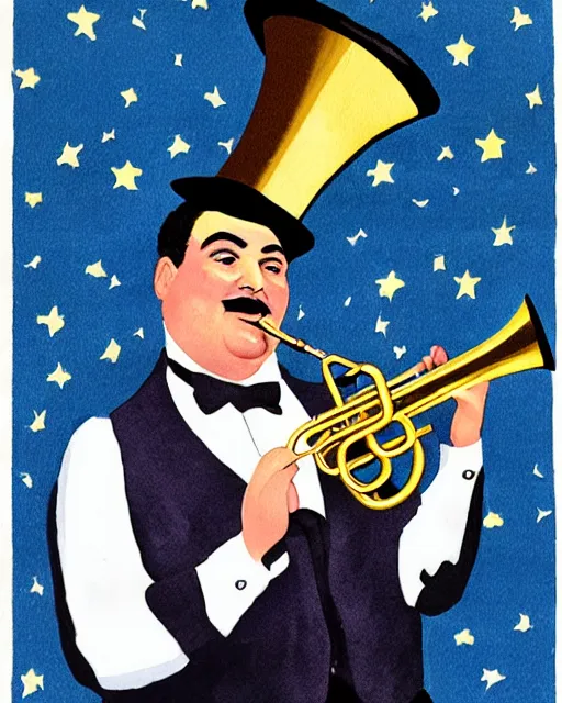 Image similar to ian karmel playing a french horn, wearing a top hat, with a space background in the style of gifford beal