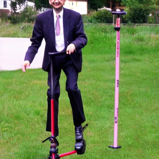 Image similar to mr bean on a pogo-stick