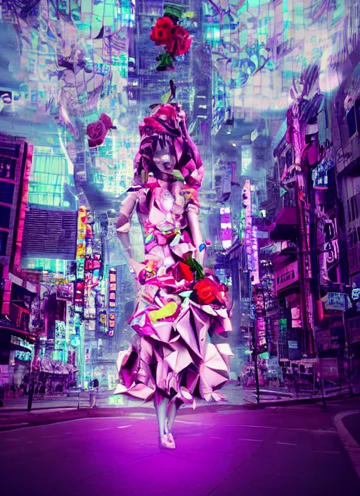 Image similar to downtown tokyo made out of newspaper and neon lights, beautiful anthropomorphic purple squid woman wearing a flowing paper dress and posing, paper origami, many origami roses, city background, heavenly light, 3 d, very detailed, octane render, trending artstation, artgem