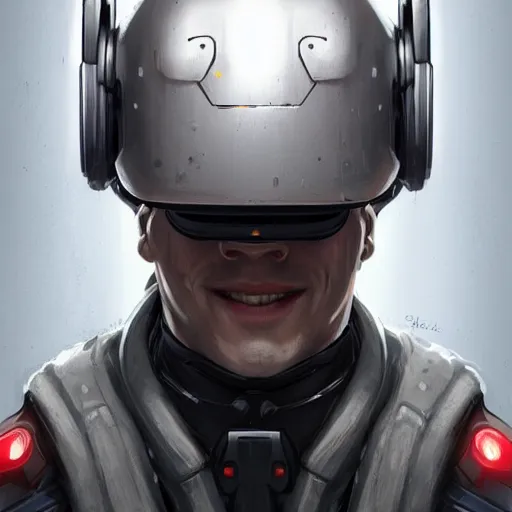 Image similar to Portrait of a man by Greg Rutkowski, symmetrical face, a marine with a helmet, using a VR Headset, Kubric Stare, crooked smile, he's wearing a tacitcal gear, highly detailed portrait, scifi, digital painting, artstation, book cover, cyberpunk, concept art, smooth, sharp foccus ilustration, Artstation HQ