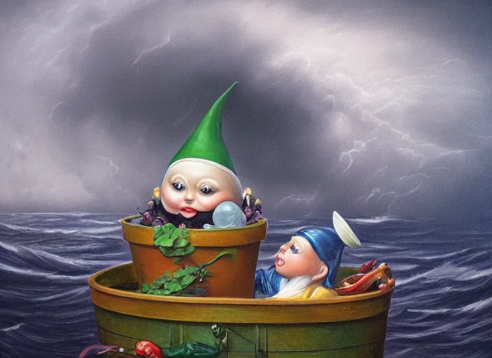 Image similar to a terrified garden gnome sailing in a bucket, background of raging ocean on a stormy with dramatic clouds, an ultrafine detailed painting by mark ryden, trending on deviantart, pop surrealism, whimsical, lowbrow, danger, perfect symmetrical face