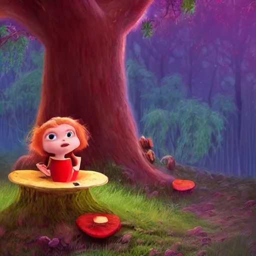 Prompt: beautiful storybook illustration of a cute fury creature eating lunch sitting on a red mushroom in a fantasy forest with old twisted trees, in the style of a Pixar movie, full shot, sharp and fine detailed, photorealistic, digital art, trending on Artstation, cinematic volumetric lighting