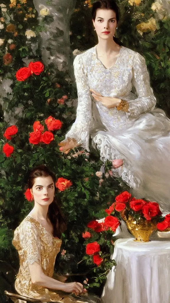 Image similar to beautiful young carole bouquet in detailed golden sleeve balloon lace dress beside a pot of red roses set near a persian pot by john singer sargent