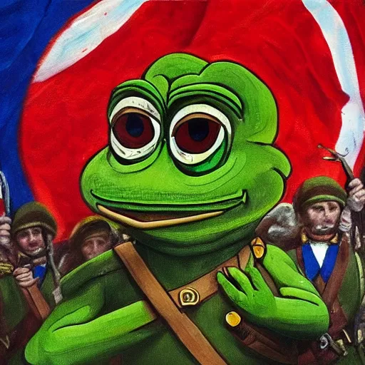 Image similar to pepe the frog saluting prussians soldiers in 1864, military parade, uncroped, expressive oil painting