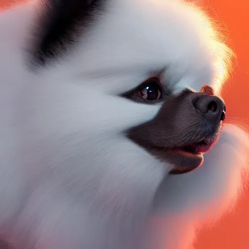 Prompt: a highly detailed digital painting of a fluffy antropomorphic pomeranian that works on a perfume shop, trending on artstation, octane render, 4 k, unreal 5