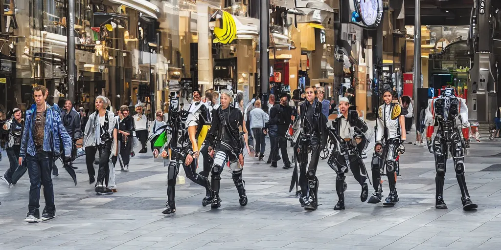 Image similar to A photo of mechanical futuristic robots walking along Rundle Mall in Adelaide, Australia, High detail, realistic photo