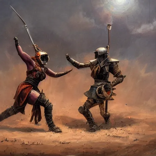 Image similar to Oil painting of an apocalyptic gladiator duel, sci-fi, wasteland