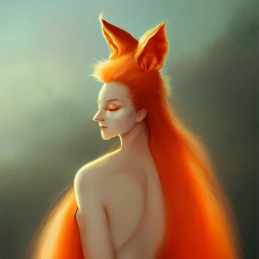 Prompt: prompt A beautiful portrait of a white red orange kumiho, translucent silky dress, close up, long clumpy hair in the shape of fox tail, backlit, concept art, matte painting, by Peter Mohrbacher