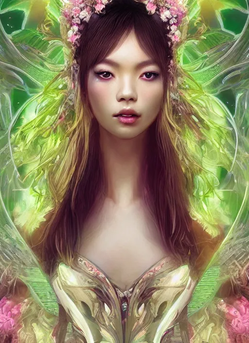 Image similar to portrait of a seductive Lalisa Manobal as a Celestial Goddess of a futuristic pearlescent holographic, captivating look, inside future fighter, sci-fi, fantasy, intricate, lush garden spaceship with sakura season flowers in Kyoto Japan, elegant, human anatomy, royal green and nature light, highly detailed, digital painting, artstation, concept art, smooth, sharp focus, illustration, art by Ryan meinerding, masterpiece, 3d blender