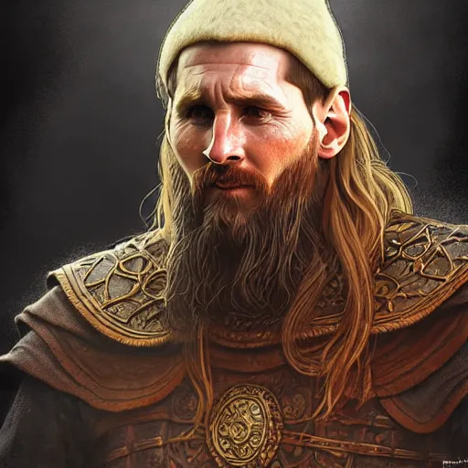 Image similar to Messi as a viking, closeup, D&D, fantasy, intricate, elegant, highly detailed, digital painting, artstation, concept art, matte, sharp focus, illustration, art by Artgerm and Greg Rutkowski and Alphonse Mucha