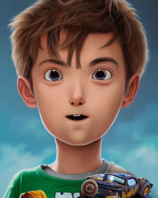 Prompt: An epic fantasy comic book style portrait painting of a young boy, very expressive, light brown piercing eyes, mischievous, smirk, round face, blonde medium hair, wearing a blue shirt and green shorts, holding a toy car, awesome pose, character design by Mark Ryden and Pixar and Hayao Miyazaki, unreal 5, DAZ, hyperrealistic, octane render, cosplay, RPG portrait, dynamic lighting, intricate detail, summer vibrancy, cinematic