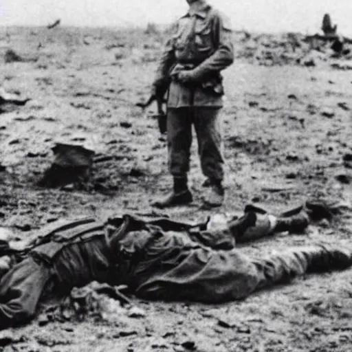 Prompt: photo of a dead american soldier during world war 2