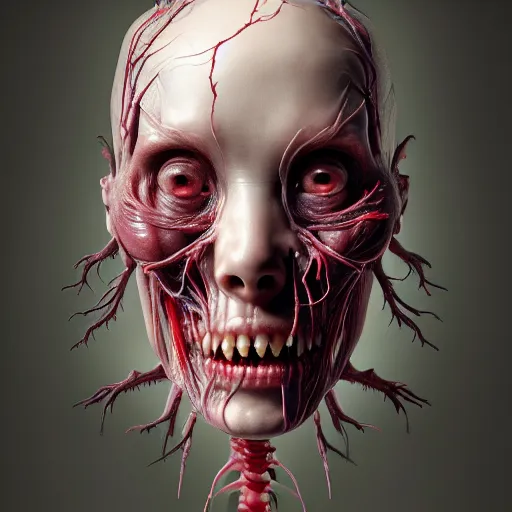 Image similar to female monster with translucent skin, visible muscles and veins and arteries and bones and spine and nerves, beautiful detailed intricate insanely detailed octane render, 8K artistic photography, photorealistic, chiaroscuro, by David Cronenberg, Raphael, Caravaggio