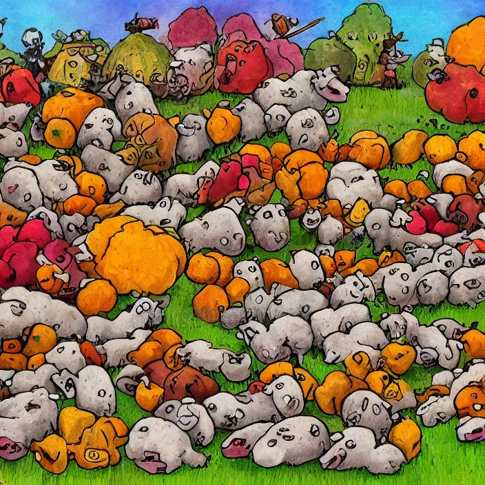 Image similar to a herd of sheep lying dead, piles of gigantic fruit, naivistic art, childrens drawing, story book illustration, expressive, colorful, schizophrenic, paranoid