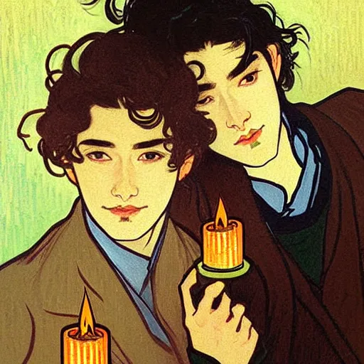 Image similar to painting of young cute handsome beautiful dark medium wavy hair man in his 2 0 s named shadow taehyung and cute handsome beautiful min - jun together at the halloween! party, bubbling cauldron!, candles!, smoke, autumn! colors, elegant, wearing suits!, clothes!, delicate facial features, art by alphonse mucha, vincent van gogh, egon schiele