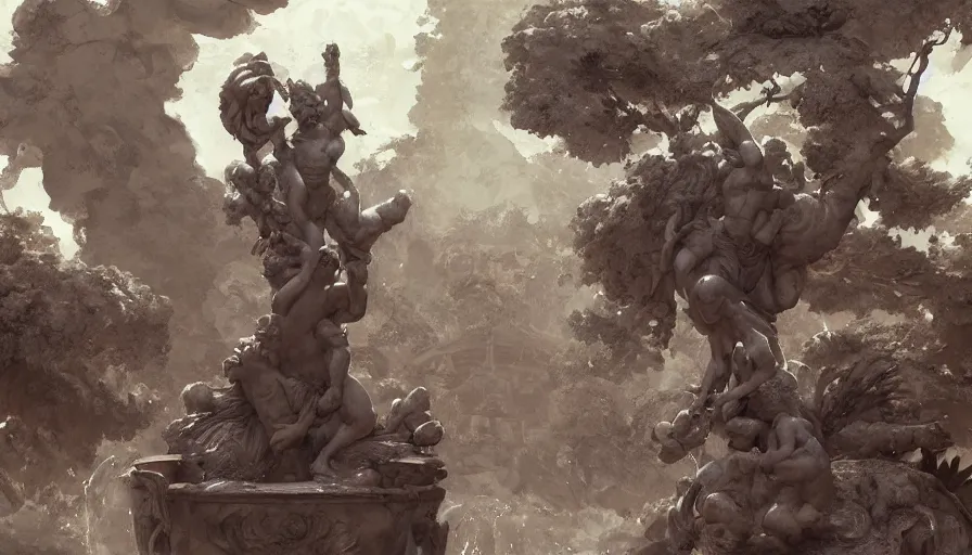 Prompt: craig mullins and studio ghibli illustration of a sculpture of the sun by michelangelo on top of a fountain in a garden, flowers, unreal engine, hyper realism, realistic shading, cinematic composition, realistic render, octane render, detailed textures, photorealistic, wide shot