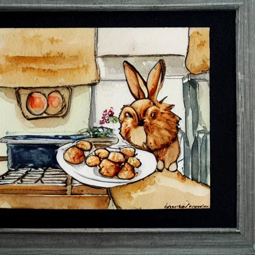 Image similar to a rabbit cooking mashed potatoes and meatballs in a cozy french kitchen, realistic watercolour