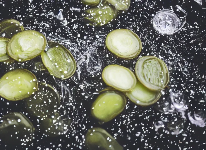 Image similar to photo still of lots of whole pickles falling from the sky, 8 k, 8 5 mm f 1. 8