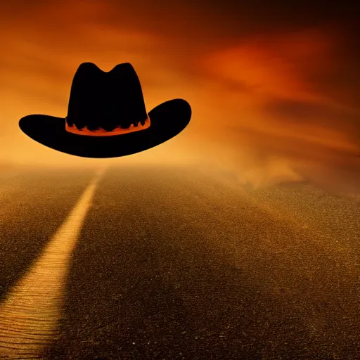 Prompt: in the foreground a silhouette of a man wearing a cowboy hat walking down a dusty road towards us at dusk. in the background is a forest engulfed in a towering inferno, digital art